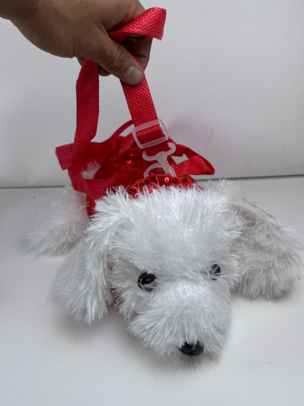 Superstar Accessories White Plush Dog Red Sequin Purse Handbag Small 11"